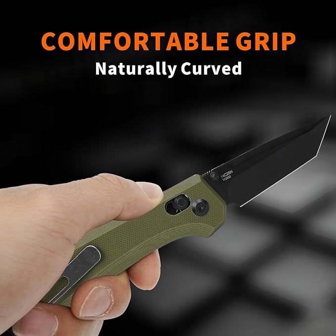 ThundeForged Camping Folding Knife - EDC Folding Knife with Crossbar Lock, 14C28N Steel Blade,Green G10 Handle Lightweight Tactical Pocket Knife for Camping Outdoor Survival Hiking