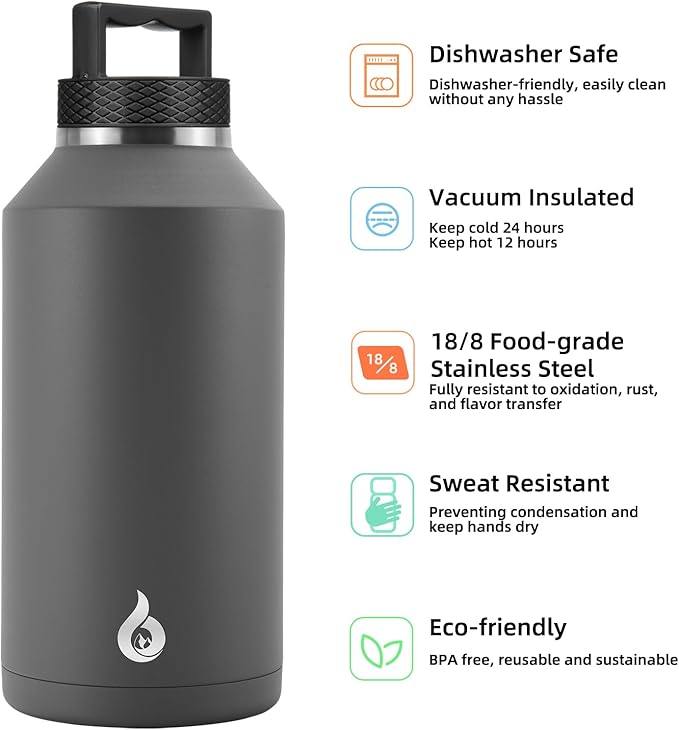 BJPKPK Half Gallon Water Bottle Insulated, Dishwasher Safe 64 oz Water Bottle with Handle, Leakproof BPA Free Water Jug, Large Stainless Steel Thermo for Sports, Grey