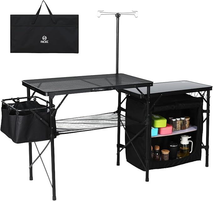 Nice C Camping Kitchen Table, Portable Folding Camp Cook Station, Storage Organizer, with Light Poles, Storage, Side Bag, Side Hooks, for Outdoor, Picnic, Beach, RV Traveling (Black)