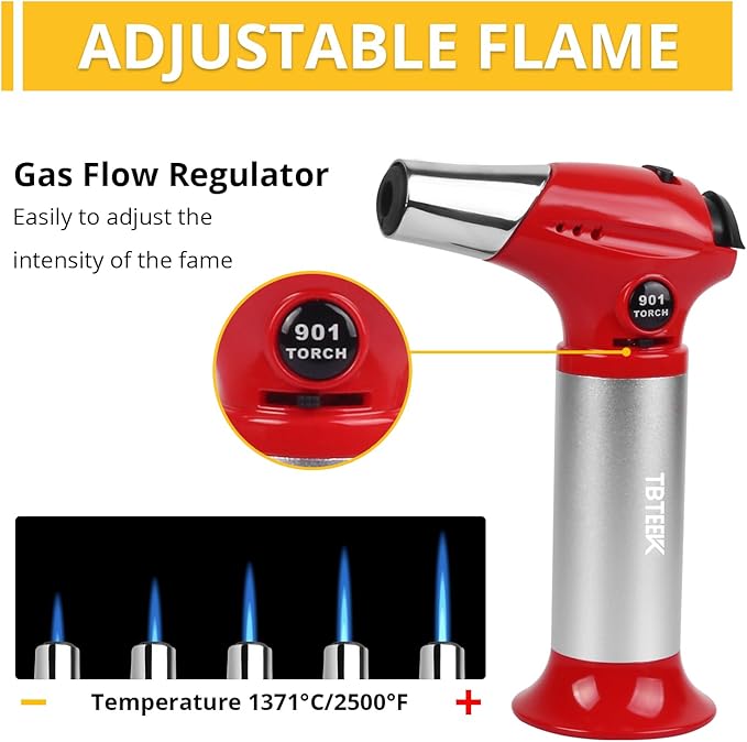 TBTEEK Butane Torch T901, Kitchen Torch Cooking Torch with Safety Lock & Adjustable Flame for Cooking, BBQ, Baking, Brulee, Creme, DIY Soldering(Butane Not Included), Red