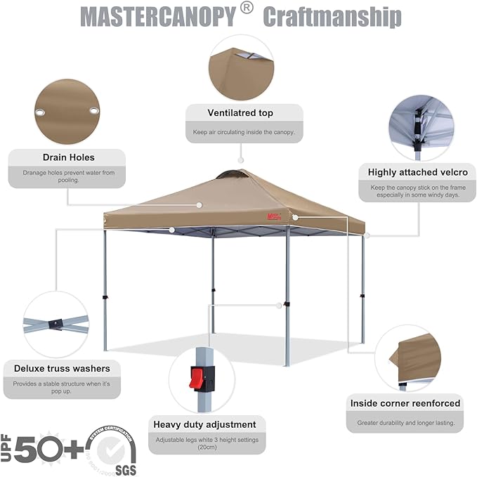 MASTERCANOPY Durable Pop-up Canopy Tent with Roller Bag (8x8, Khaki)