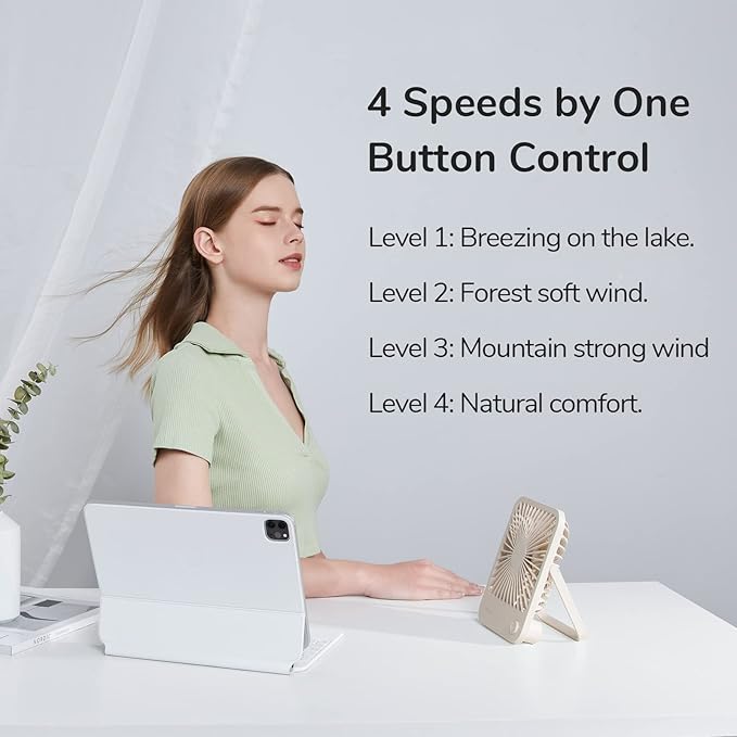 JISULIFE Small Desk Fan Battery Operated, 180° Foldable Portable Fan, 4 Speeds Adjustable Ultra Quiet for Home Office Travel Outdoor-Brown