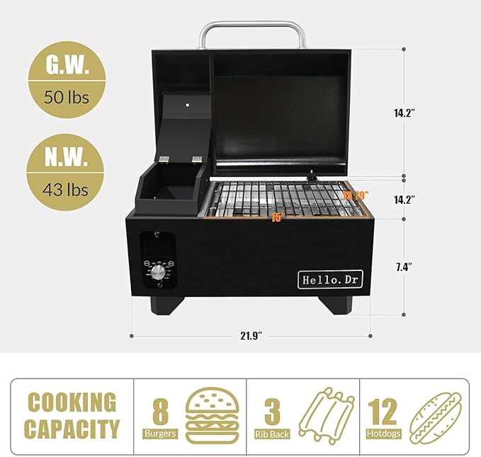 Pellet Grill, Portable Pellet Smoker, Smoker Grill with Digital Control, LED Screen, Meat Probe, Portable pellet Grills for BBQ, Smoke, Bake and Roast, RV Camping,Black