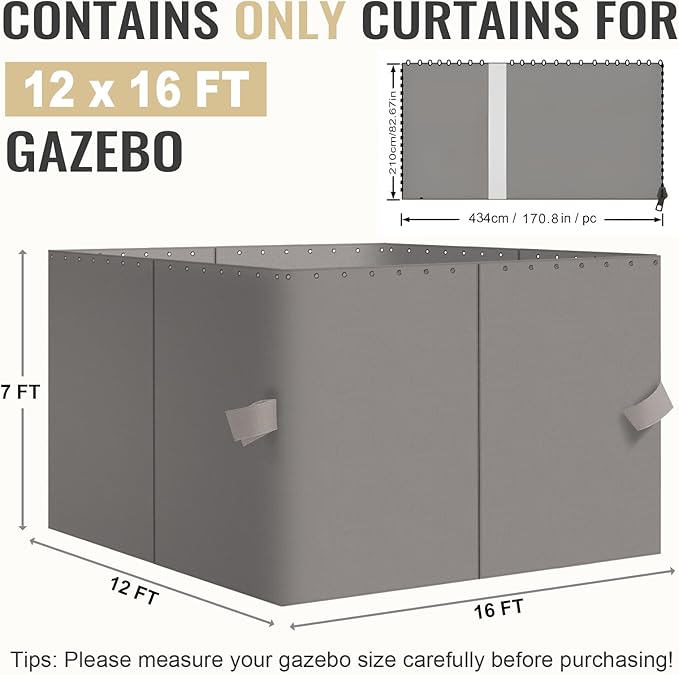 COWVIE 4-Panel 12' x 16' Gazebo Replacement Curtains, Patio Privacy Sidewalls with Double Zipper, Replacement for Outdoor Gazebo Canopy (Curtain Only)