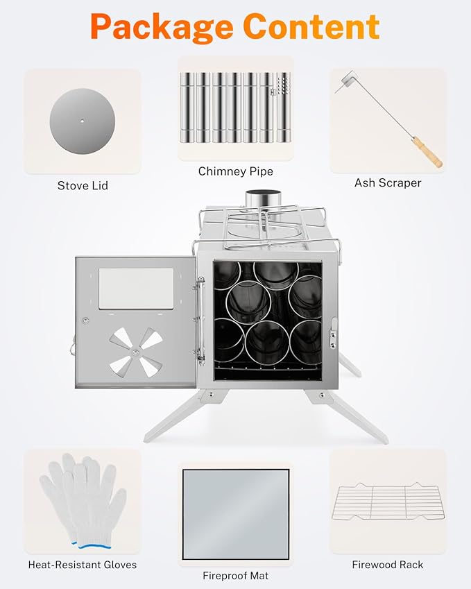 Gonex Portable Wood Stove Stainless Steel Wood Burning Hot Tent Camping Stove with Chimney Pipes & Gloves for Outdoor, Tent, Shelter, Heating, Cooking (15"X7.7")