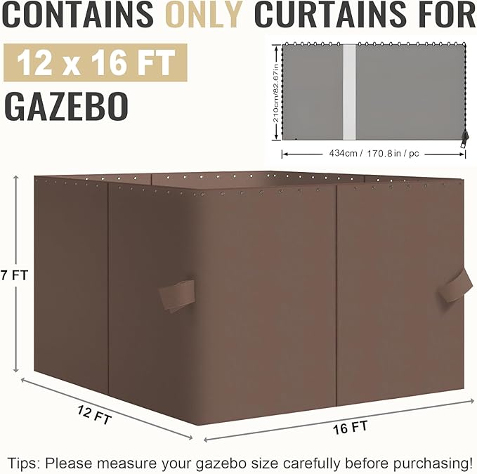 COWVIE 4-Panel 12' x 16' Gazebo Replacement Curtains, Patio Privacy Sidewalls with Double Zipper, Replacement for Outdoor Gazebo Canopy (Curtain Only)
