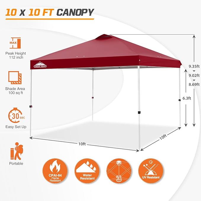 EAGLE PEAK Pop Up Canopy Tent with Wheeled Carry Bag, 8 Stakes, 4 Ropes, 4 Weight Bags, Easy Set Up Tent Canopy, 10x10 ft, 100sqft of Shade, Burgundy