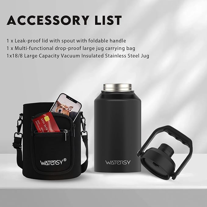 2/3 Gallon Water Bottle Insulated(Cold for 48 Hrs),BPA Free&Leak Proof,87oz Stainless Steel Water Jug/Flask,Big thermo,Large Water Bottle with Handle for Gym,Hiking,Camping,Black