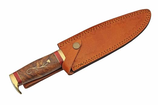 SZCO Full Tang Hunting Knife 12.25 Inch - Pocket Knife with Stainless Steel Blade, Inlay Wood Handle & Leather Sheath - Camping Knife for hunting and Hiking - Skinning knife for Men
