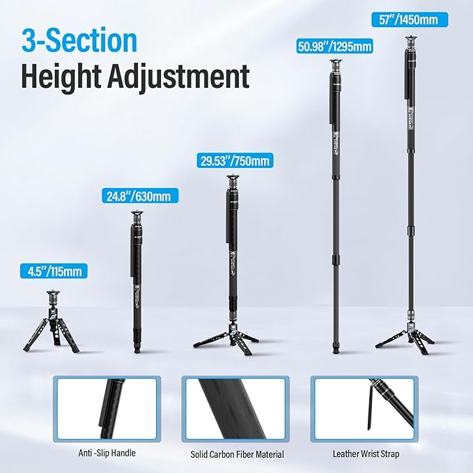 SIRUI SVM-145 Rapid Monopod with Feet, 57” Professional Carbon Fiber Camera Monopod, One-Step Rapid Height Adjustment, Lightweight Travel for DSLR Camera, Modular 3 in 1, Max Load 22lbs