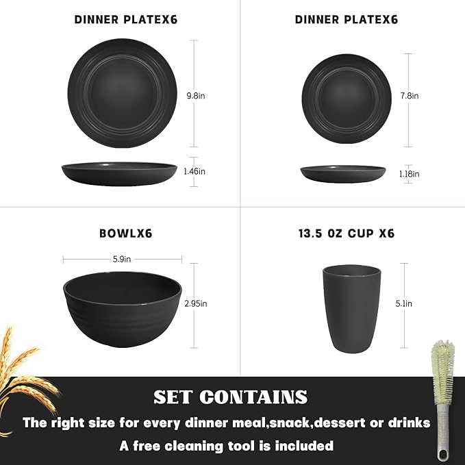 Kitchen Wheat Straw Dinnerware Sets (25pcs) Attached cleaning brush,Service For 6,Plastic Plates and Bowls Sets,Unbreakable Dinnerware,Lightweight Plastic Plate Set (black)