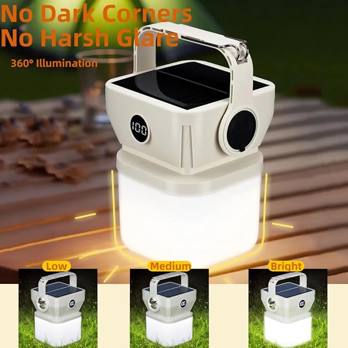 V.C Formark Camping Lantern Solar Powered Portable with Battery% Display, 1000LM Bright, USB-C/Solar Charging, for Outdoor Emergency, Hiking, Power Outage