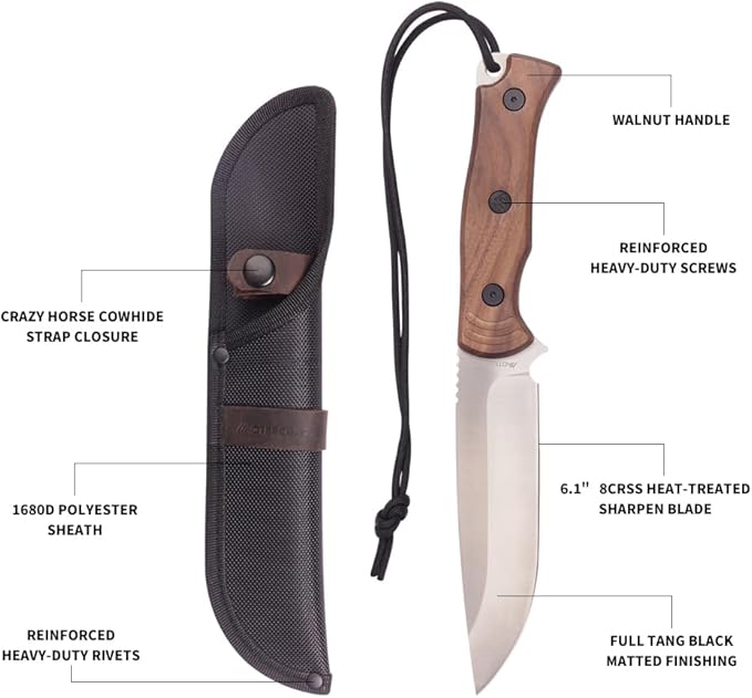 Bushcraft Knife Full Tang Fixed Blade Knife with Non-Slip Wooden Handle Sheath for Camping, Hiking, Outdoor, Gift