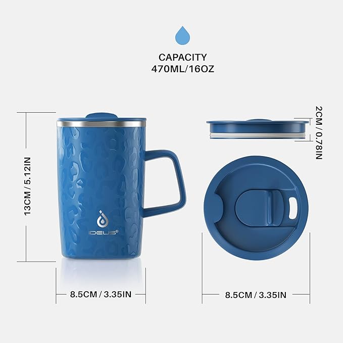 Ideus Vacuum Insulated Coffee Mug, 16oz Reusable Stainless Steel Thermal Double Walled cup with Handle and Slider Lid for Hot & Cold Beverages, BPA Free (Leapord Blue)