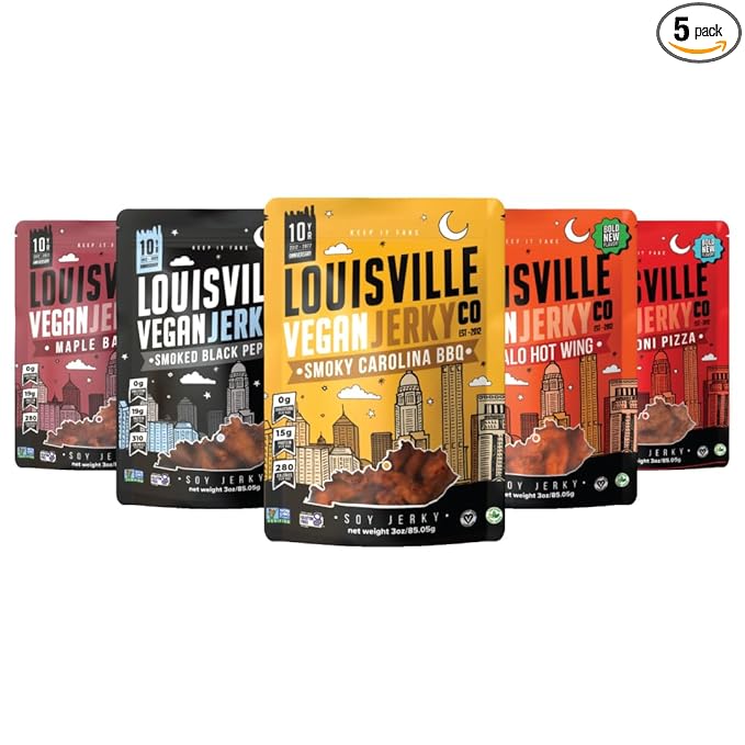 Louisville Vegan Jerky Co. Traditional Variety Bundle Vegan Jerky 3 oz. 5 pack (Smoky Carolina BBQ, Buffalo Hot Wing, Maple Bacon, Pepperoni Pizza, Smoked Black Pepper)