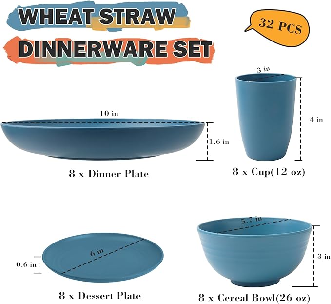 Wheat Straw Dinnerware Sets, 32 PCS Dishes Set for 8, Unbreakable Alternative Plastic Plates and Bowls Sets for Kitchen Outdoors RV Camping Patio, Dishwasher & Microwave Safe - Blue