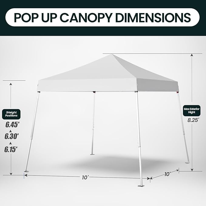 10x10 Pop Up Canopy, 300D Silver Coated White Fabric Outdoor Gazebo, Beach Tent Slant Legs with Storage Bag,Easy Up Sun Shade Shelter Tents with 8x8 Top Cover for Patio,Party