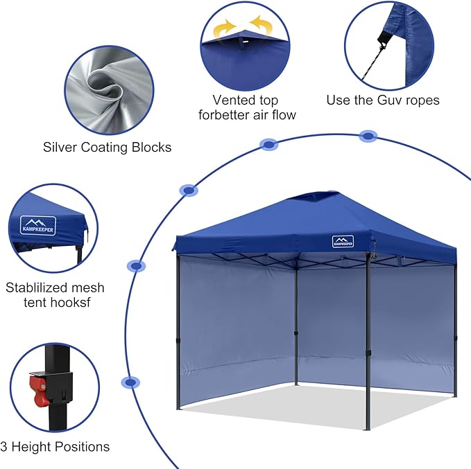 KAMPKEEPER 10x10 Pop Up Canopy Tent with 2 Sidewalls, Beach Tent - Easy Outdoor Sun Shade for Events, Parties, Camping - Gazebo with 4 Weight Bags & Carry Bag.(Navy Blue)
