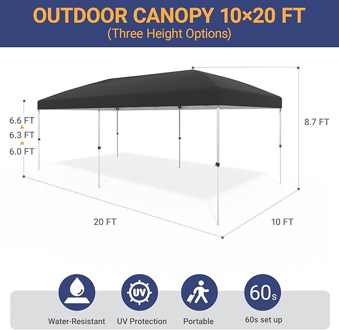 10x20 Pop Up Canopy - Instant Setup Beach Tent with Wheeled Carry Bag, 12 Sandbags & 6 Guy Lines, Portable Sun Shade for Camping, Events, Silver Coated Top, Black