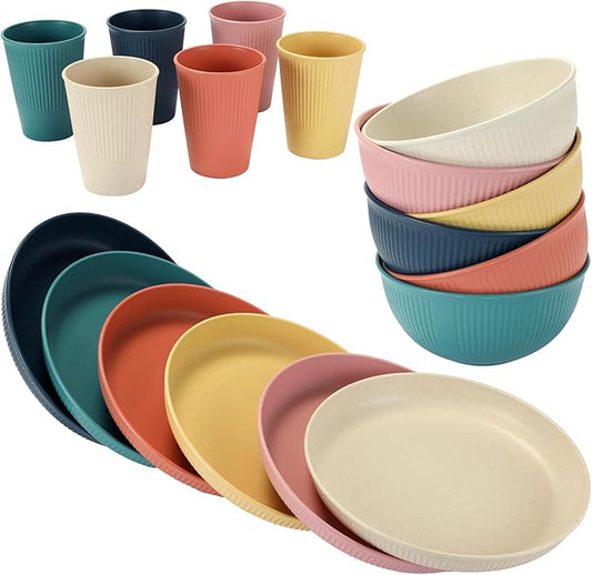 18PCS Wheat Straw Dinnerware Sets Unbreakable Reusable Dinnerware Set for 6, Microwave Dishwasher Safe Dinnerware for Outdoor Camping Dishes