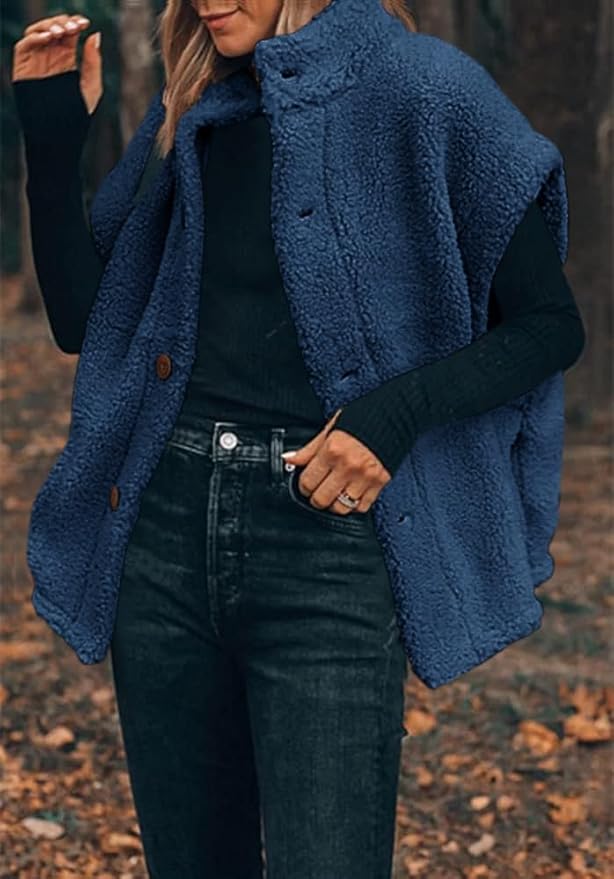 Hongqizo Womens Fuzzy Fleece Vest Casual Oversized Warm Button Down Sherpa Vest Jacket with Pockets