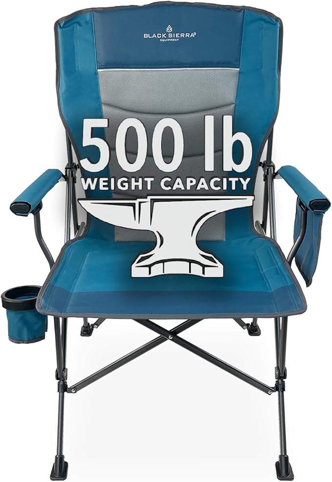 Black Sierra Oversize Camping Chair for Adults Supports 500 lbs, XL Heavy Duty Hard Arm Folding Chair, Steel Frame Durable Padded Outdoor Seat, Portable Fold Up Chair w/Cup Holder and Storage Bag