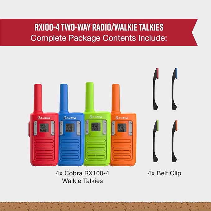 Cobra RX100 16-Mile Range Family Walkie Talkies (4-Pack) - 16-Mile-Long Range, Kid-Friendly Communication, 22 Channels, NOAA Weather Alerts, Call Alerts