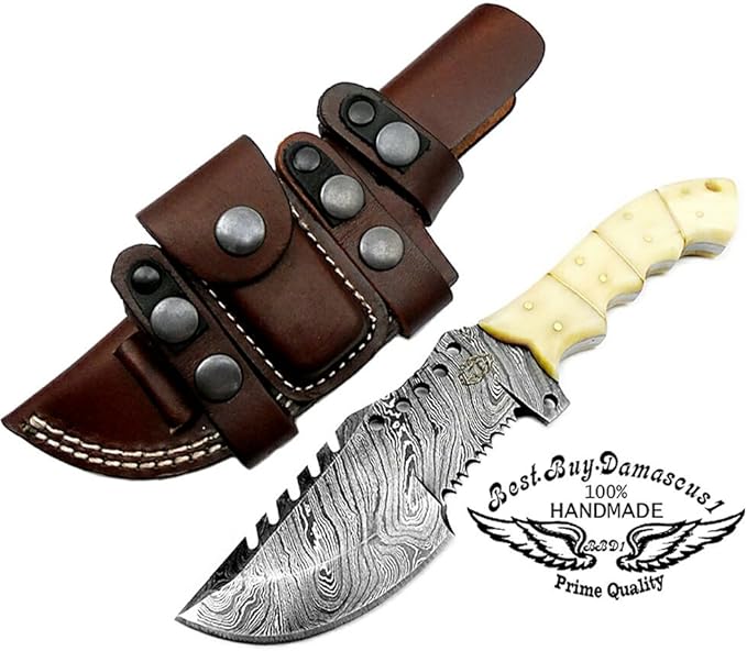 Camel Bone 9.5'' Tracker Knife - Fixed Blade Handmade Damascus Steel Outdoors & Sports Camping Hunting Knife