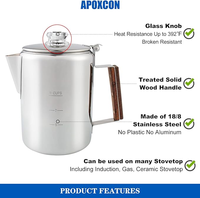 Coffee Percolator Camping Coffee Pot Stainless Steel Coffee Maker with Two Heat Resistant Tough Glass Knob Using on any Stovetop Outdoor Traveling NO Aluminum NO Plastic (9 Cup)