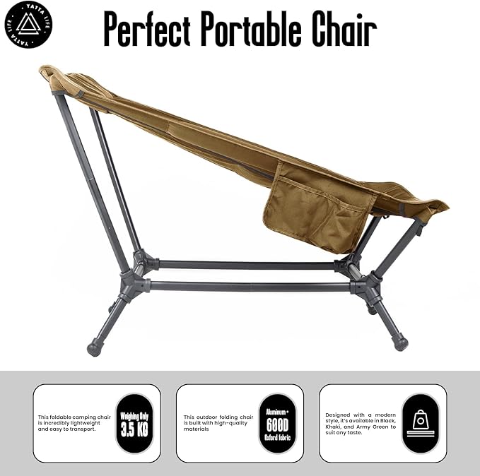 Low Back Folding Camping Chairs for Adults with Storage Pouches & Carrying Case - Foldable Lawn Chairs, Beach Chair, Fishing Chair, Portable Lightweight Outdoor Chair. (Khaki)