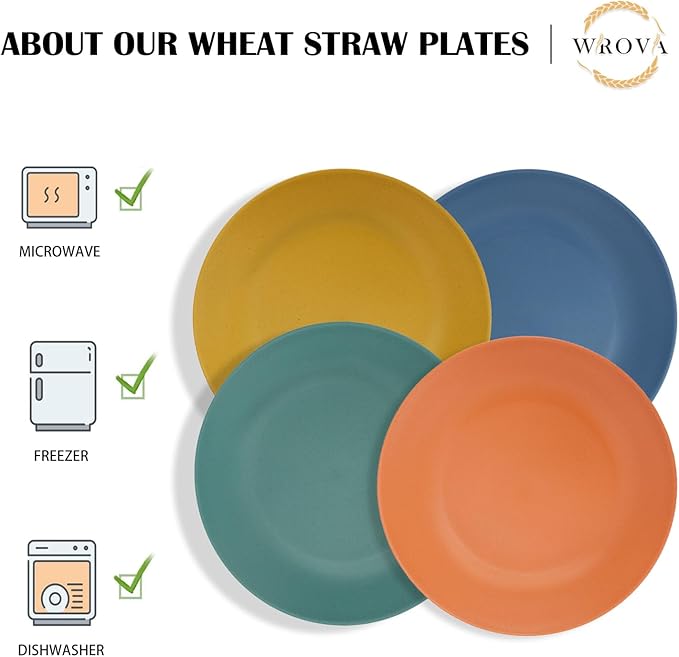 Wheat Straw Dinner Plates 9 Inch Unbreakable Set of 8 - Dishwasher & Microwave Safe Plastic Plates Reusable - Lightweight Plates for Kitchen,Camping,Apartment,Dorm,RV,Party - Colorful