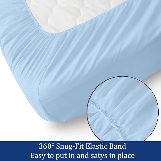 Cot Sheets 30" x 75" - 4 PCs Cot Sheet Set - 600TC 100% Cotton Sheet Set - Cot Size Fitted Sheets Perfect for Narrow Twin/Camp Bunk/Rvs Bunk/Guest Beds/Trifold Mattress, 4-8" Deep Pocket - Light Blue