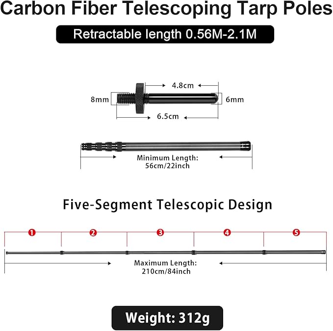 Telescoping Tarp Poles Heavy Duty Adjustable, Carbon Fiber Tent Poles, Portable & Lightweight for Tent Fly, Awning, Outdoor Camping, Hiking 6.9FT