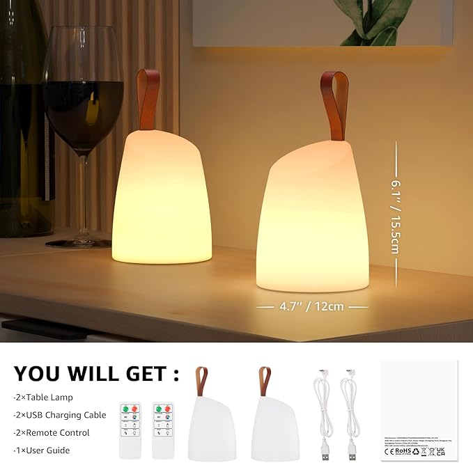 uuffoo 2 Pack Portable Outdoor Table Lamp LED Camping Lantern, Rechargeable Table Lamp with Remote, RGB & Warm White, IP44 Water-Resistant, Timer & Memory, Hanging Lantern for Patio, Garden, Camping.