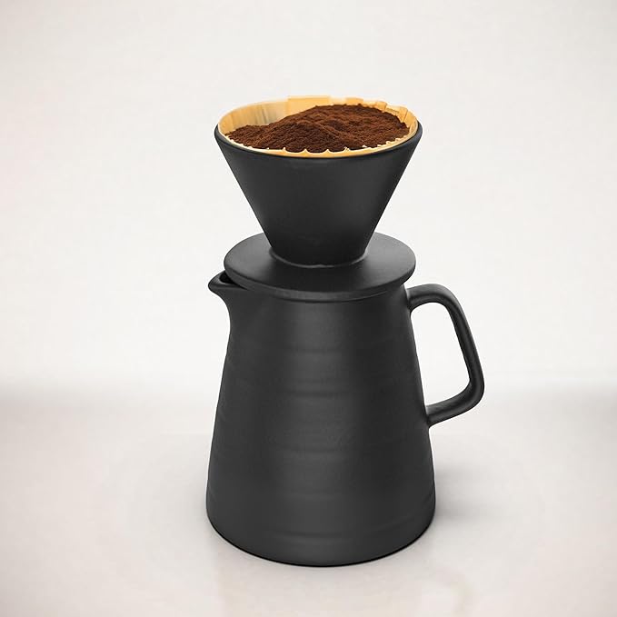 Pour Over Drip Coffee Maker Gift Set with Two Coffee Mugs, Non-Electric Pour Over Coffee Dripper, Easy Manual Brew Maker, Dishwasher and Microwave Safe, Filters not included (Black)