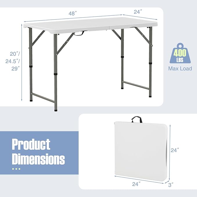 Goplus Portable 4 Foot Plastic Folding Table, 400 LBS Indoor Outdoor Heavy Duty Adjustable Folding Tables with HDPE Tabletop, Carrying Handle, Foldable Utility Card Table for Picnic, Camping, Dining