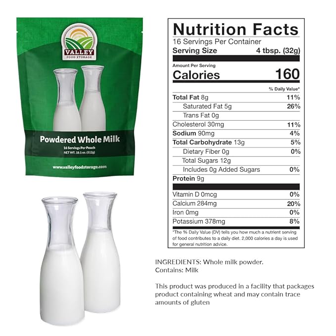 Valley Food Storage Whole Milk Powder | Contains Vitamin A & Vitamin D | Powdered Milk Long Term Storage, 25 Year Shelf Life | Camping Food, Backpacking Meals, Prepper Supplies (10 Bags + Bucket)