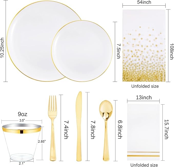 Festiva 176Pcs White and Gold Plastic Plates - White with Gold Rim Dinnerware Set - 25Guest include Plates Cups Cutlery Napkins for Fall Party&Wedding& New Year&Thanksgiving