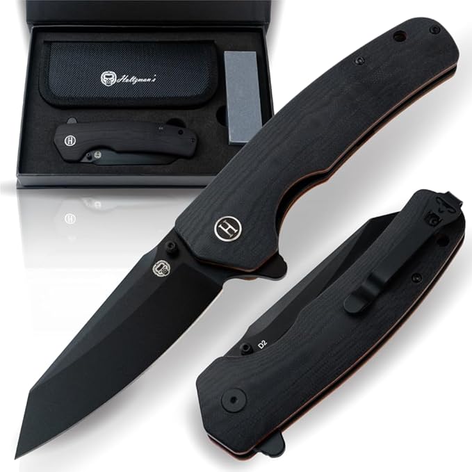 Holtzman's Gorilla Survival - The Clip Point Folding Pocket Knife (Black+Orange) - D2 Steel Blade - Tactical EDC Knife with G10 Handle & Pocket Clip