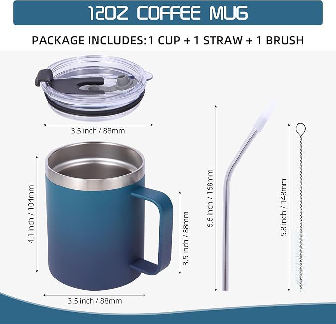 Volhoply 12oz Insulated Leakproof Coffee Mug with Flip & Straw Lid Bulk 2 Pack,Double Wall Vacuum Stainless Steel Travel Tumbler Cup with Handle,Camping Mugs Keep Cold/Hot(Dark Night,2 Set)