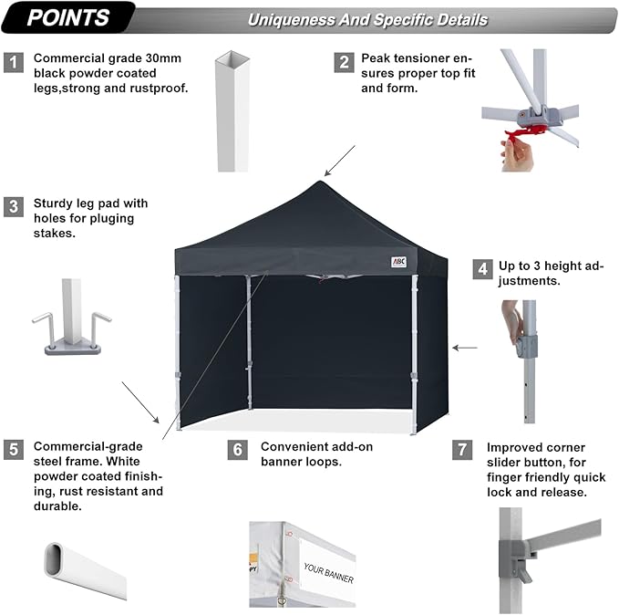 ABCCANOPY Easy Pop Up Canopy Tent with Sidewalls 10x10 Commercial -Series, Black