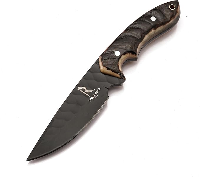 Fixed Blade Knife – 9" Black Coated Drop Point Hunting Knife With Leather Sheath - Full Tang 1095c High Carbon Steel - For Outdoor Use