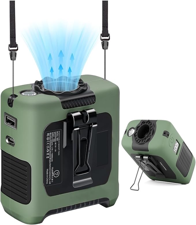 Portable Fans Strong Airflow Personal Waist Fan with Max 40H Runtime Hands Free Neck Fans Wearable Belt Fan for Outdoor Jobsite Camping and Traveling 5 Speeds USB-C Rechargeable 10000mAh (Green)