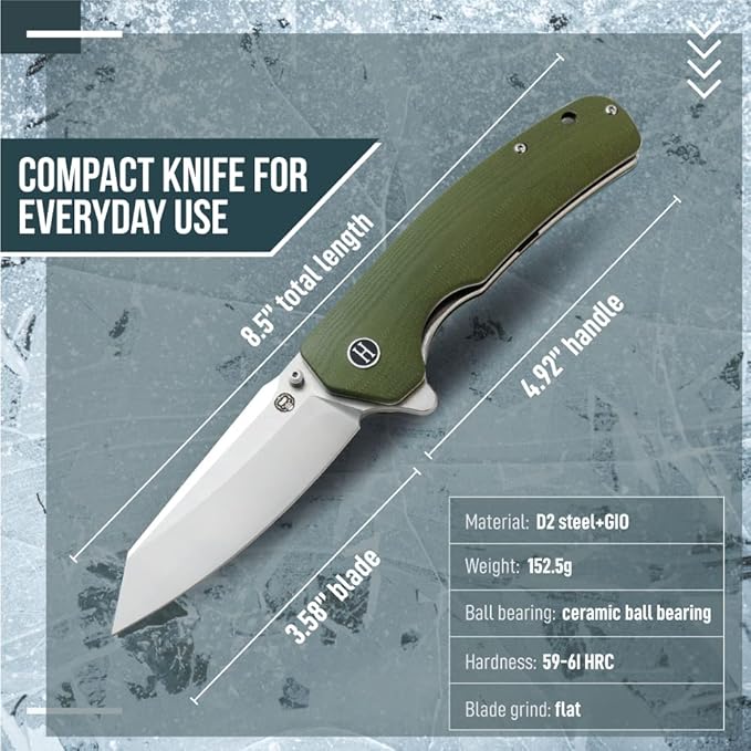 Holtzman's Gorilla Survival - The Clip Point Folding Pocket Knife (Silver+Green) - D2 Steel Blade - Tactical EDC Knife with G10 Handle & Pocket Clip
