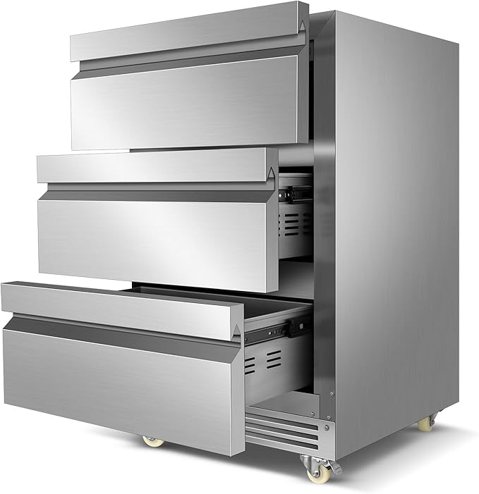 Stainless Steel 3-Tier Drawer Fridge Undercounter, Outdoor Beverage Refrigerator with Wheels, Waterproof Design and Temperature Control for Home and Commercial Use