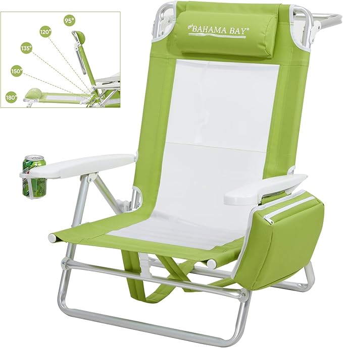 Reclining Beach Chair Backpack 5-Position Lay Flat Lounge Chair for Adults Heavy Duty Portable Folding Lightweight with Cooler Bag Camping Chair for Sand Outdoor