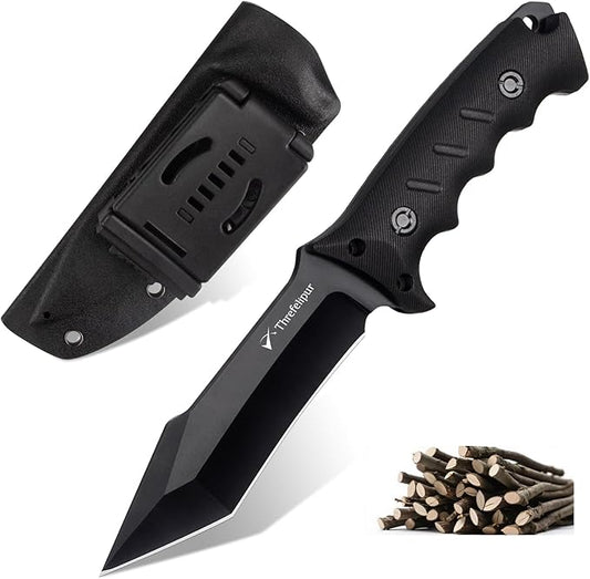 Tanto Camping Knife for Men, D2 Steel Fixed Blade Tactical Survival Knife with Sheath - Compact & Portable for Outdoor Hiking, Bushcraft, G10 Handle - Black
