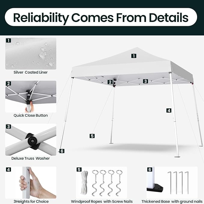 10x10 Pop Up Canopy, 300D Silver Coated White Fabric Outdoor Gazebo, Beach Tent Slant Legs with Storage Bag,Easy Up Sun Shade Shelter Tents with 8x8 Top Cover for Patio,Party