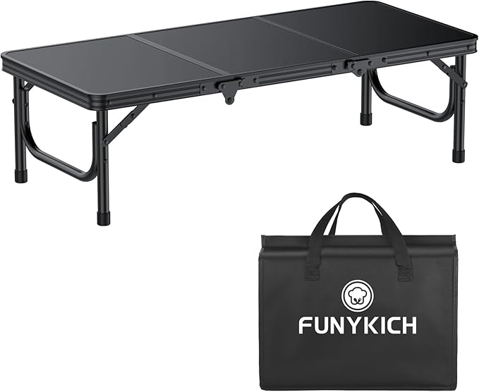 FUNYKICH 3ft Low Folding Picnic Table(34.2''x15.7''x10.3''), Thicker Aluminum Legs Beach Table with Handle & Carry Bag, Lightweight Small Camping Table for Picnic Beach Camping Party, Black