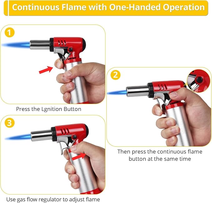 TBTeek Butane Torch, One-hand Operation Kitchen Torch with Adjustable Flame for Grilling, Baking and Soldering (Excluding Butane Gas), Red